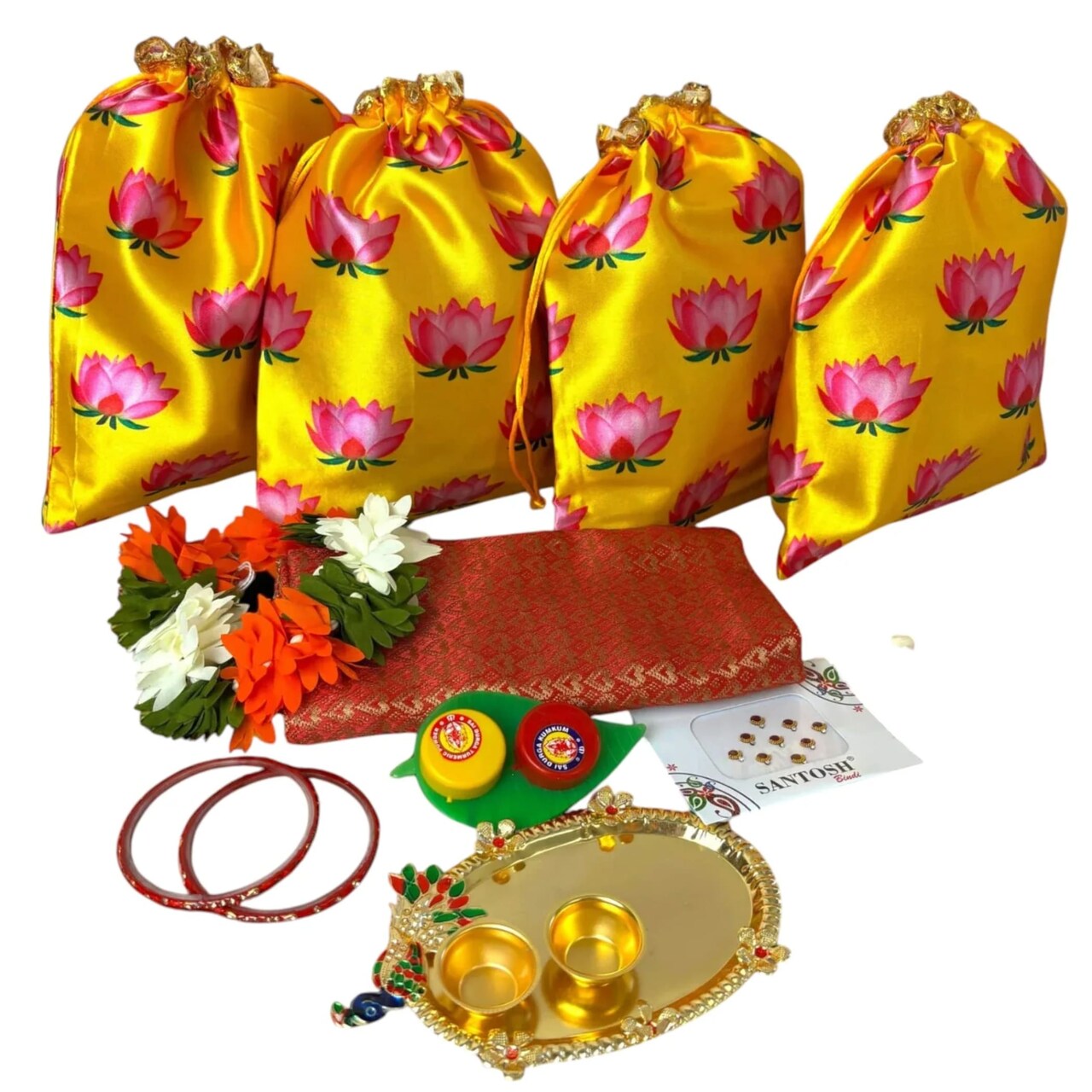 Varalakshmi Vratham Gift Hamper Navaratri Vratha Teej Karva Chauth Sankranti Puja Housewarming Return Gifts - Potli Bags Haldi Kumkum Holder Blouse Piece Gajra Bindi Bangles